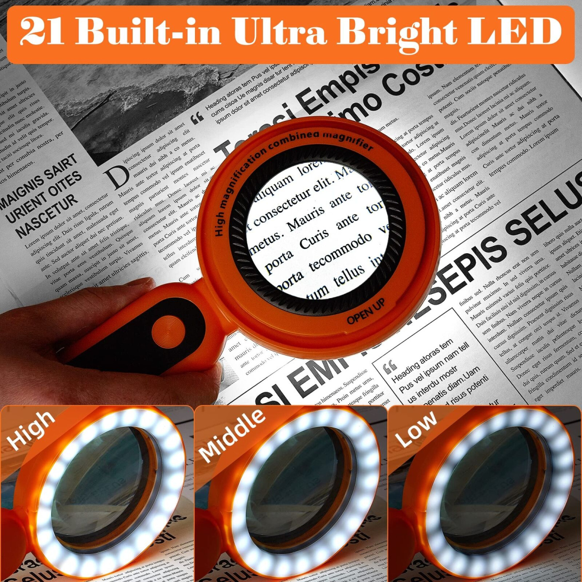 Лупа ручная 10x 75mm / 30x 60mm FD-8895 с подсветкой 21 LED